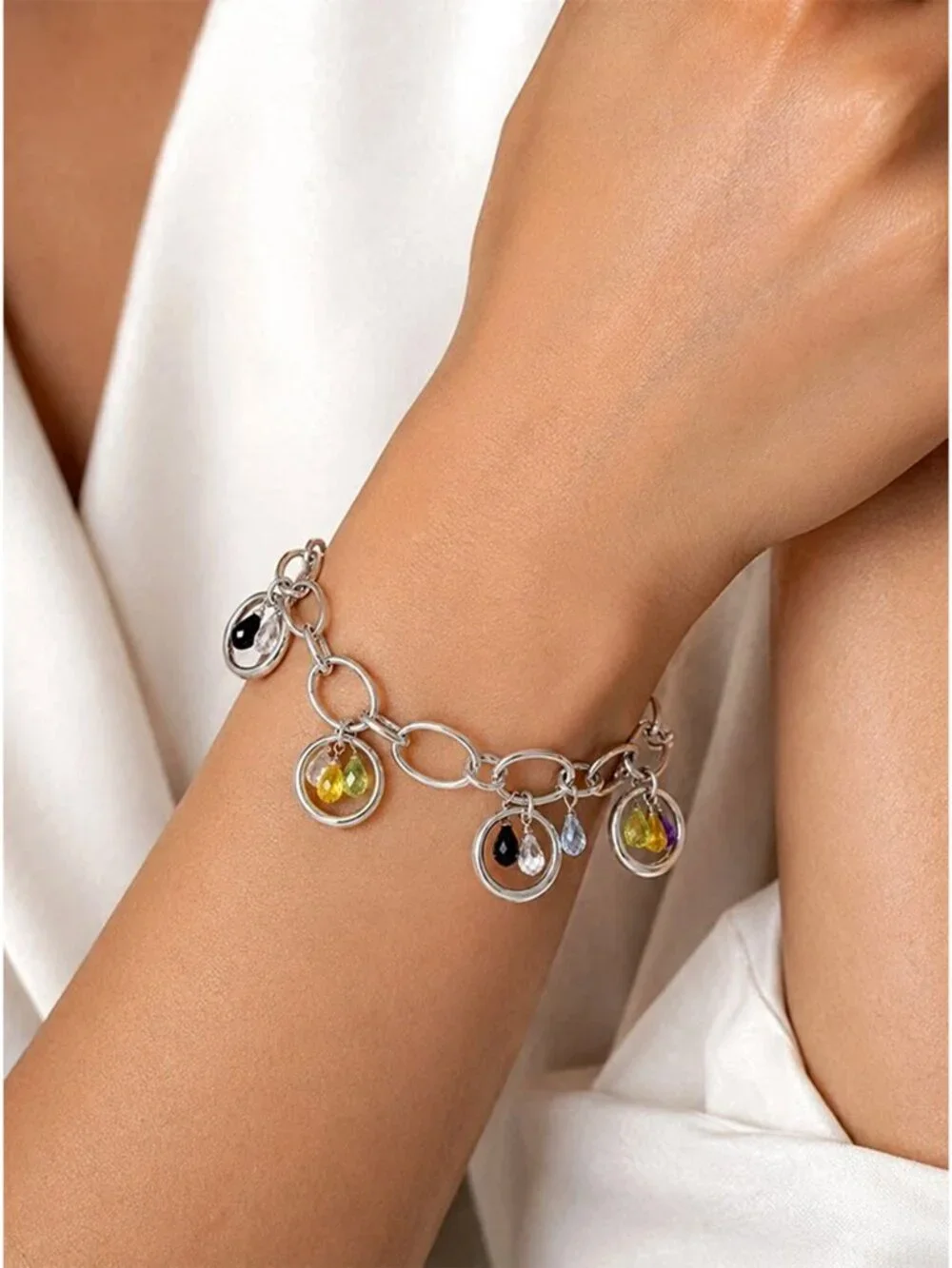 Garnet, Amethyst, W/Sapphires & Yellow Topaz Charm Bracelet .925 Silver